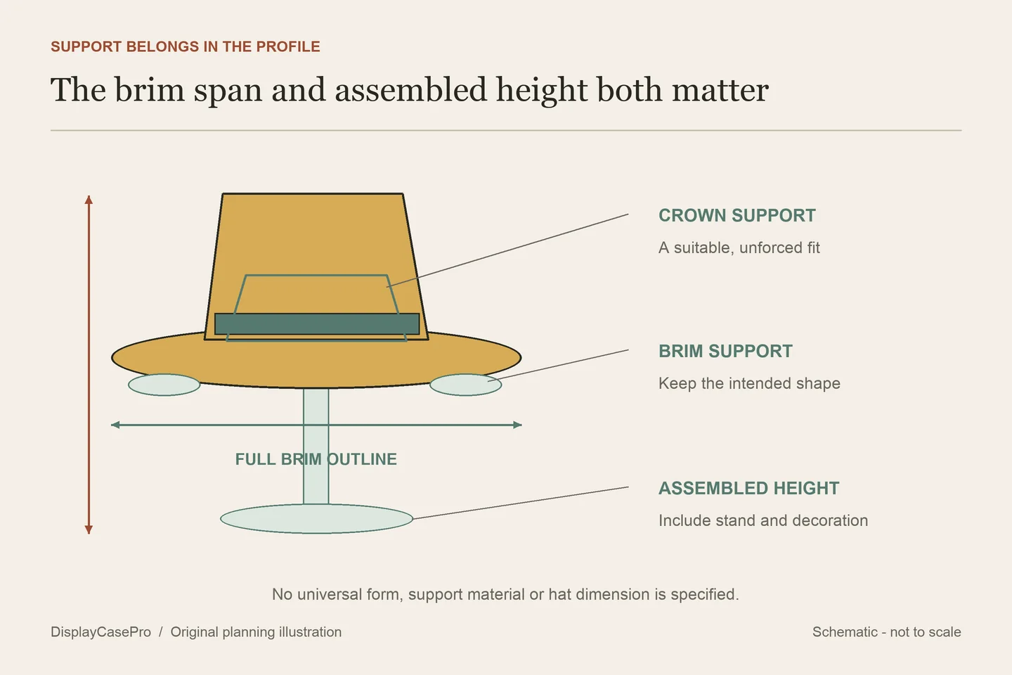 Original hat display diagram separating crown support, brim outline and the height of the finished hat-and-stand assembly