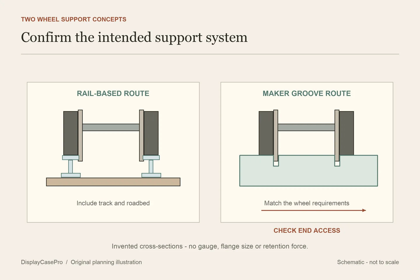Original comparison of a train supported on rails and a separate wheel-flange groove system, with a side-access arrow