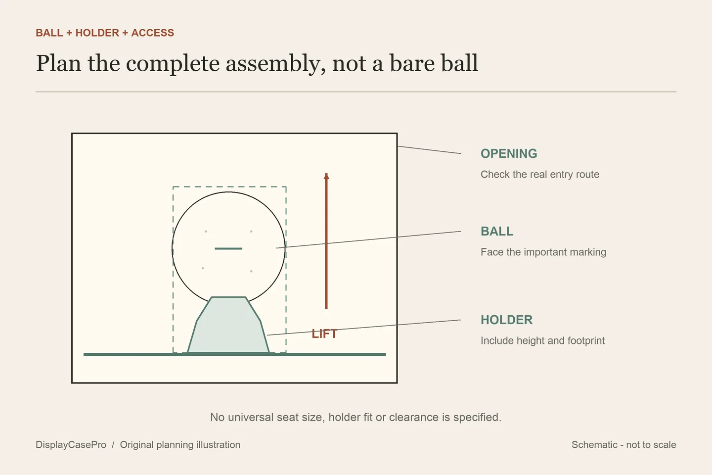 Original side-view diagram separating a golf ball, its holder and the clear opening above it