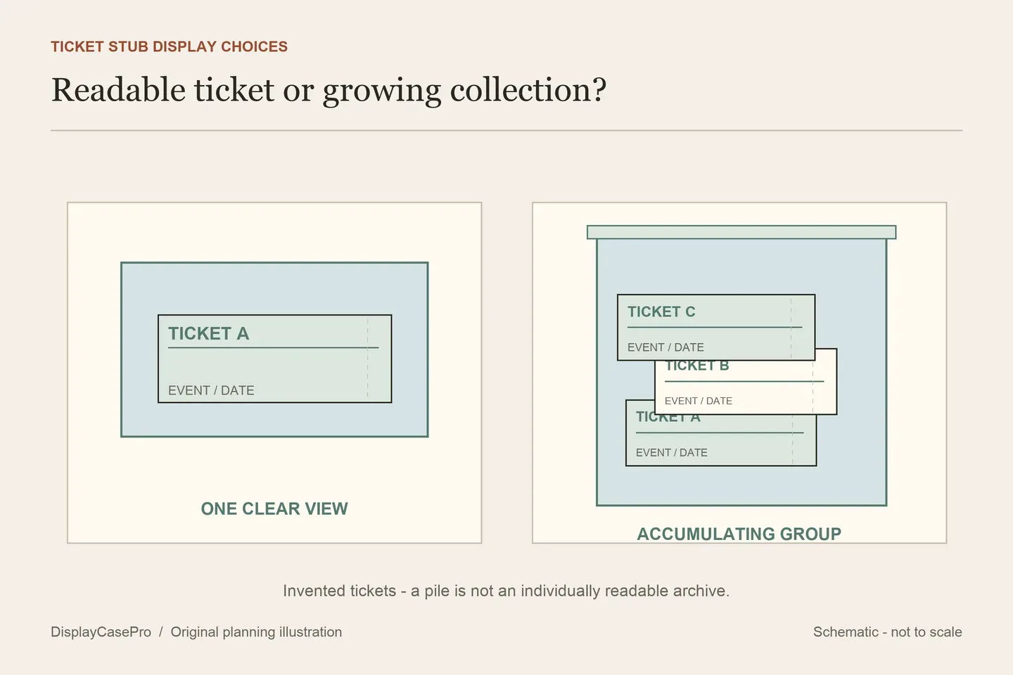Ticket Stub Display Cases: Single Holders, Drop-In Boxes and Event Layouts