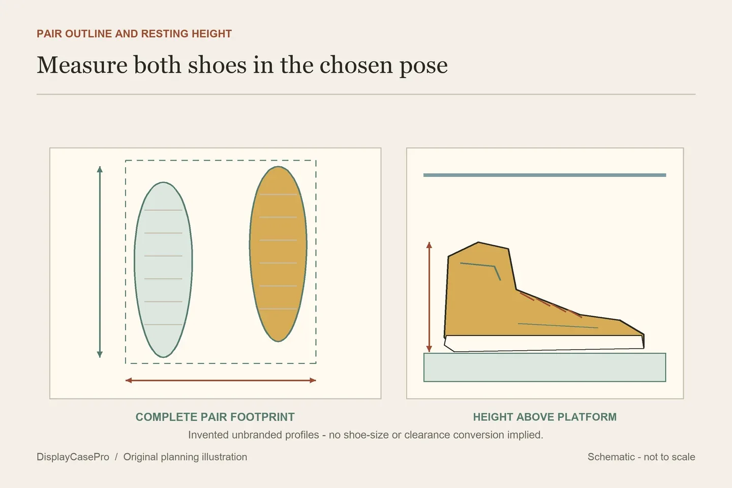 Original sneaker pair plan showing the combined footprint and a separate collar-height profile above the support platform