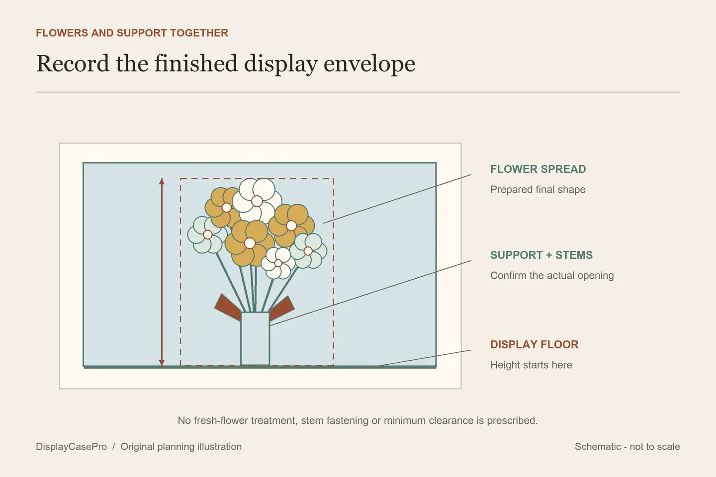 Original floral display drawing showing total prepared bouquet height from the base, flower spread, and a separately measured stem support