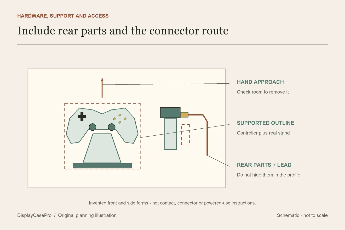 Original controller diagram showing the supported hardware outline, rear accessory projection, cable connector and separate hand approach above a stand
