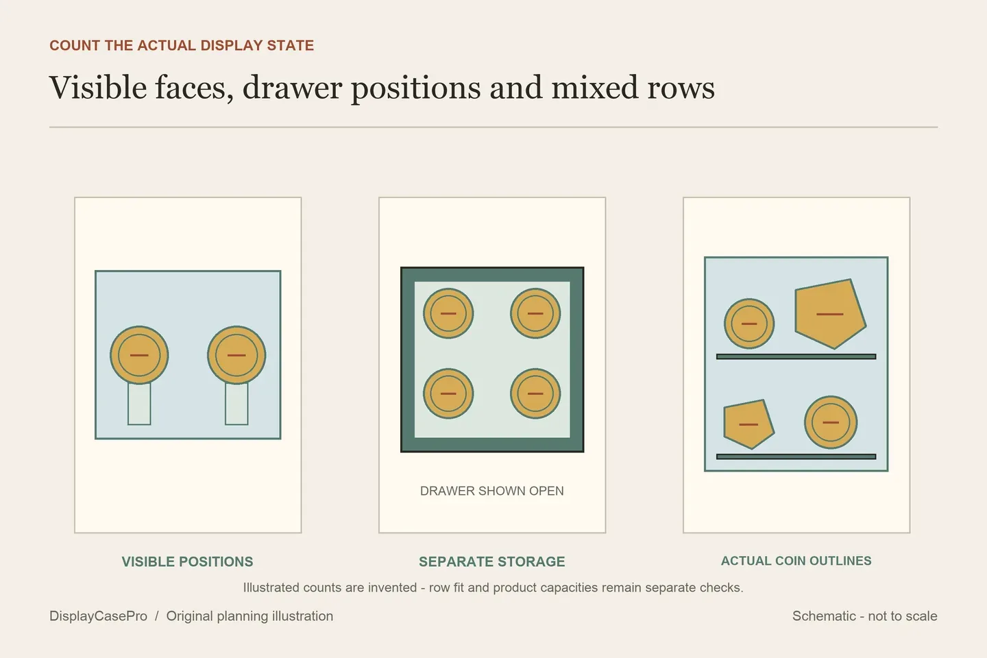 Original challenge-coin diagram separating visible pillar positions from drawer storage and showing different coin outlines assigned to cabinet rows