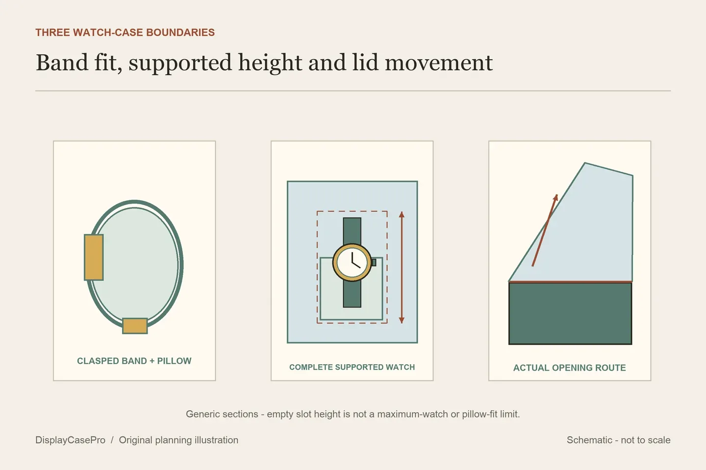 Original watch-case diagram separating a clasped band around a pillow, the complete watch-and-support height and the route of an opening lid