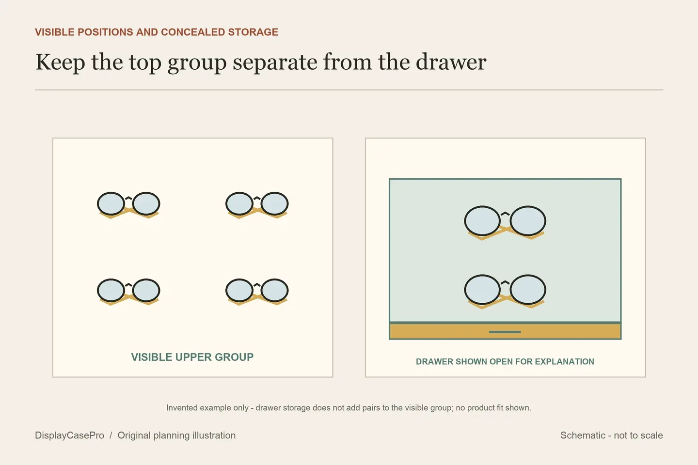 Original sunglasses display diagram separating four visible upper positions from additional concealed drawer storage