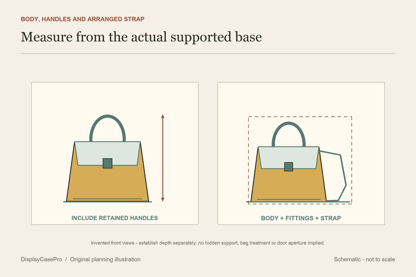 Original handbag display diagram separating the body height, raised handles, arranged strap and complete floor footprint