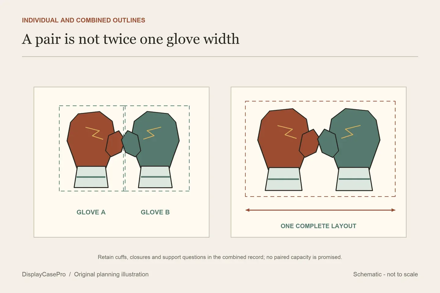 Original diagram comparing separate boxing glove records with the combined outline of a supported pair