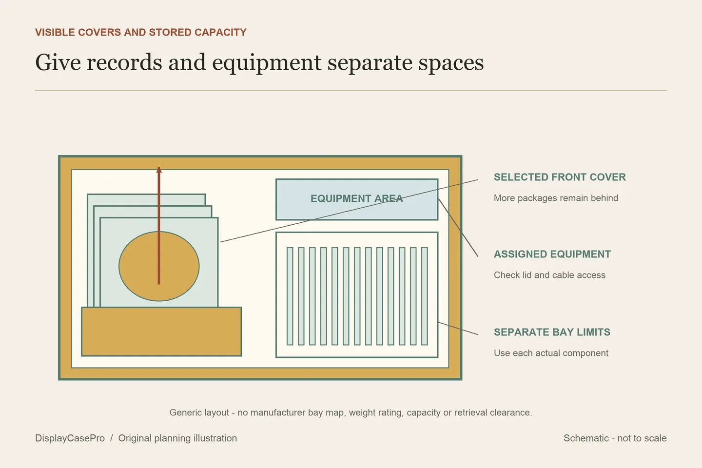 Original record-cabinet diagram separating front cover selection, deeper album storage, an equipment shelf and a complete jacket retrieval route