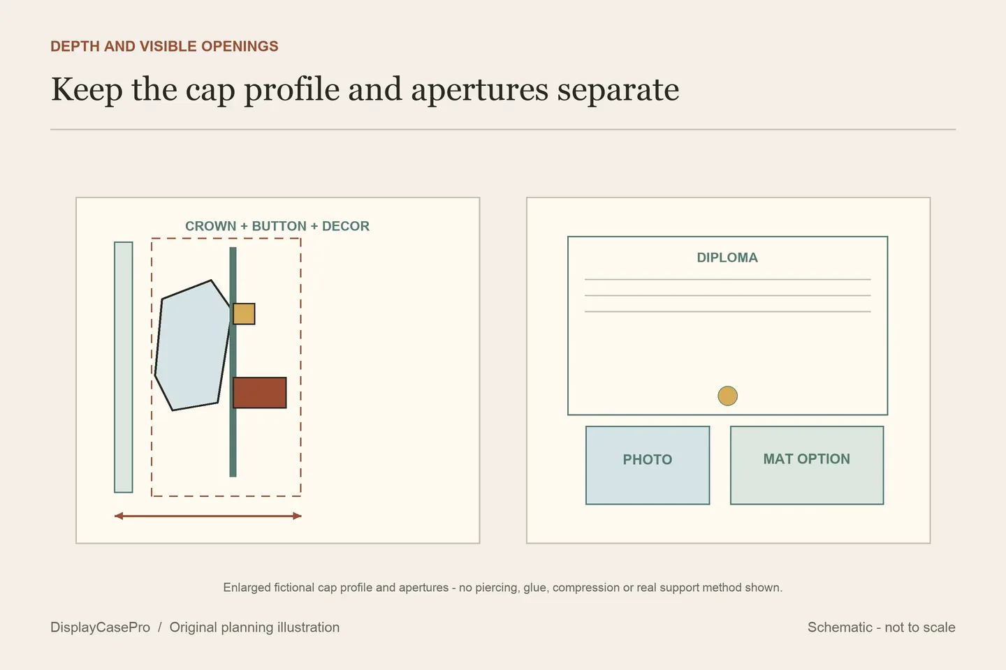 Original graduation display diagram distinguishing a mortarboard's crown and decoration depth from diploma and photograph openings