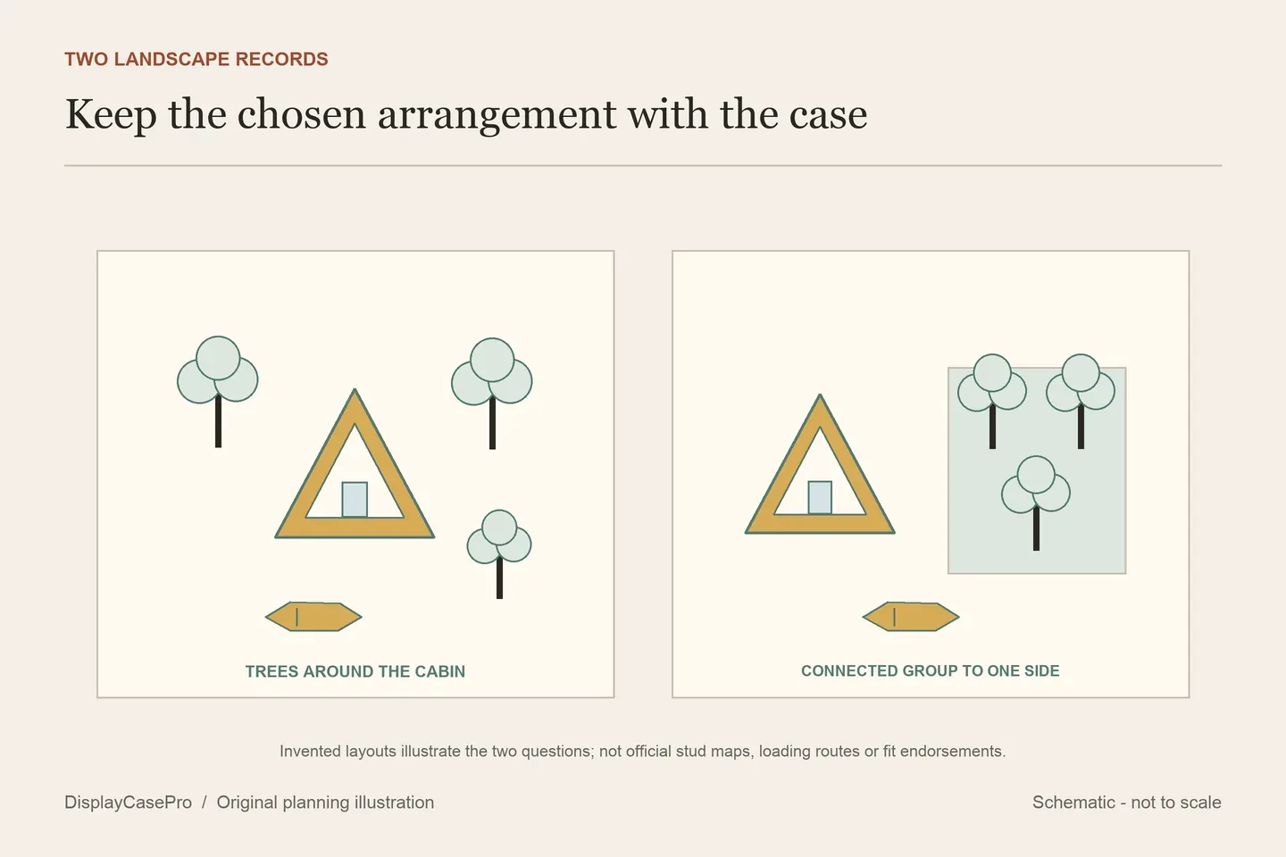 Original cabin scene diagrams contrasting trees around a building with a connected group to one side and a separate roof-access question