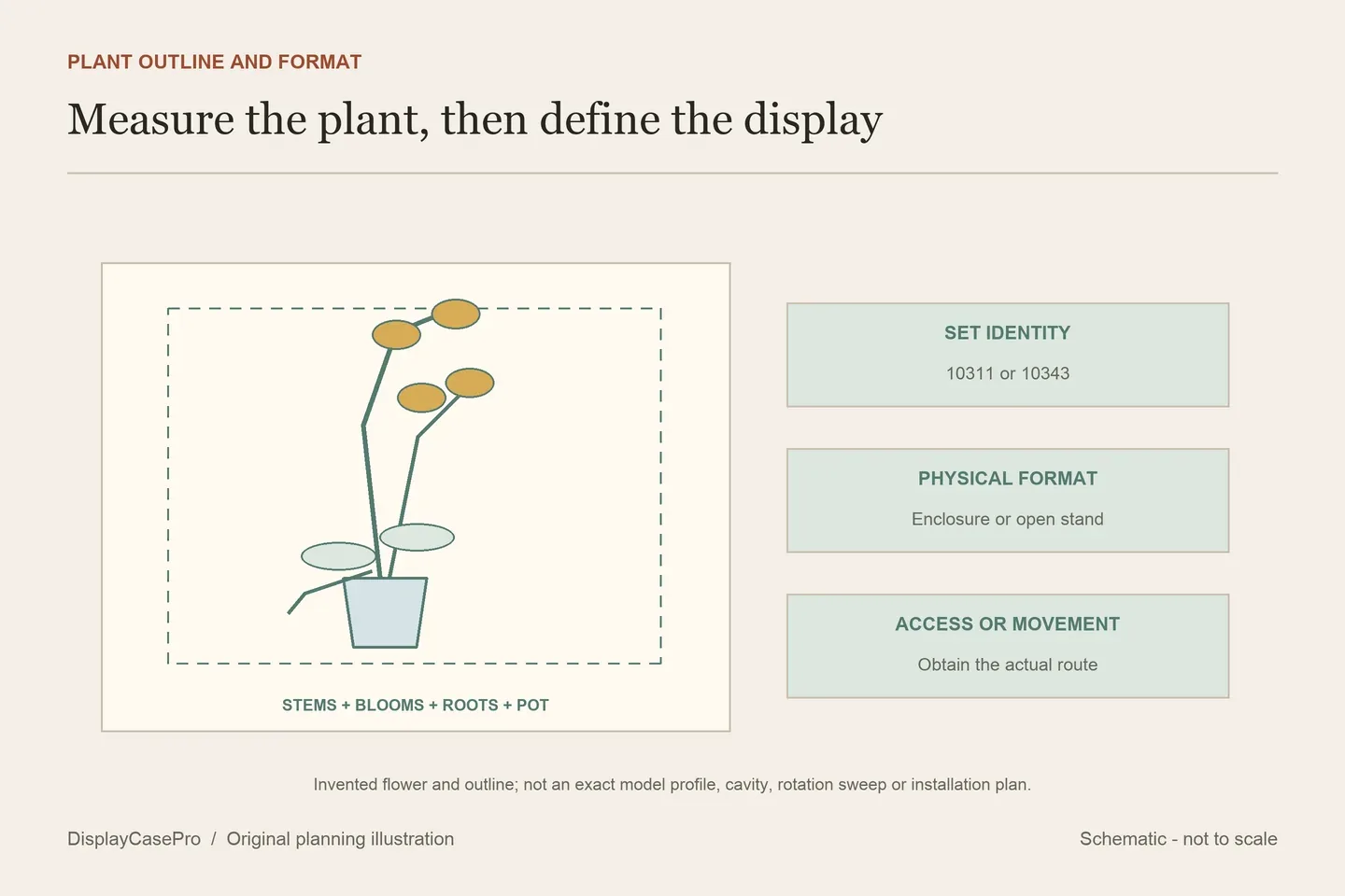 Original orchid planning diagram distinguishing a whole potted plant inside a cover from a smaller open wall display and a separate rotation question