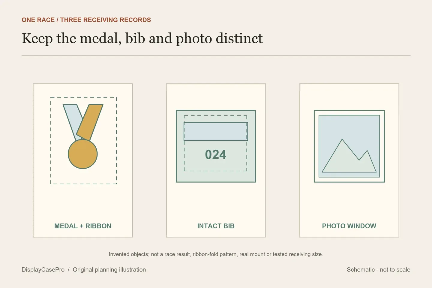 Original conceptual runner medal and retained ribbon beside a complete race bib and separate photo window