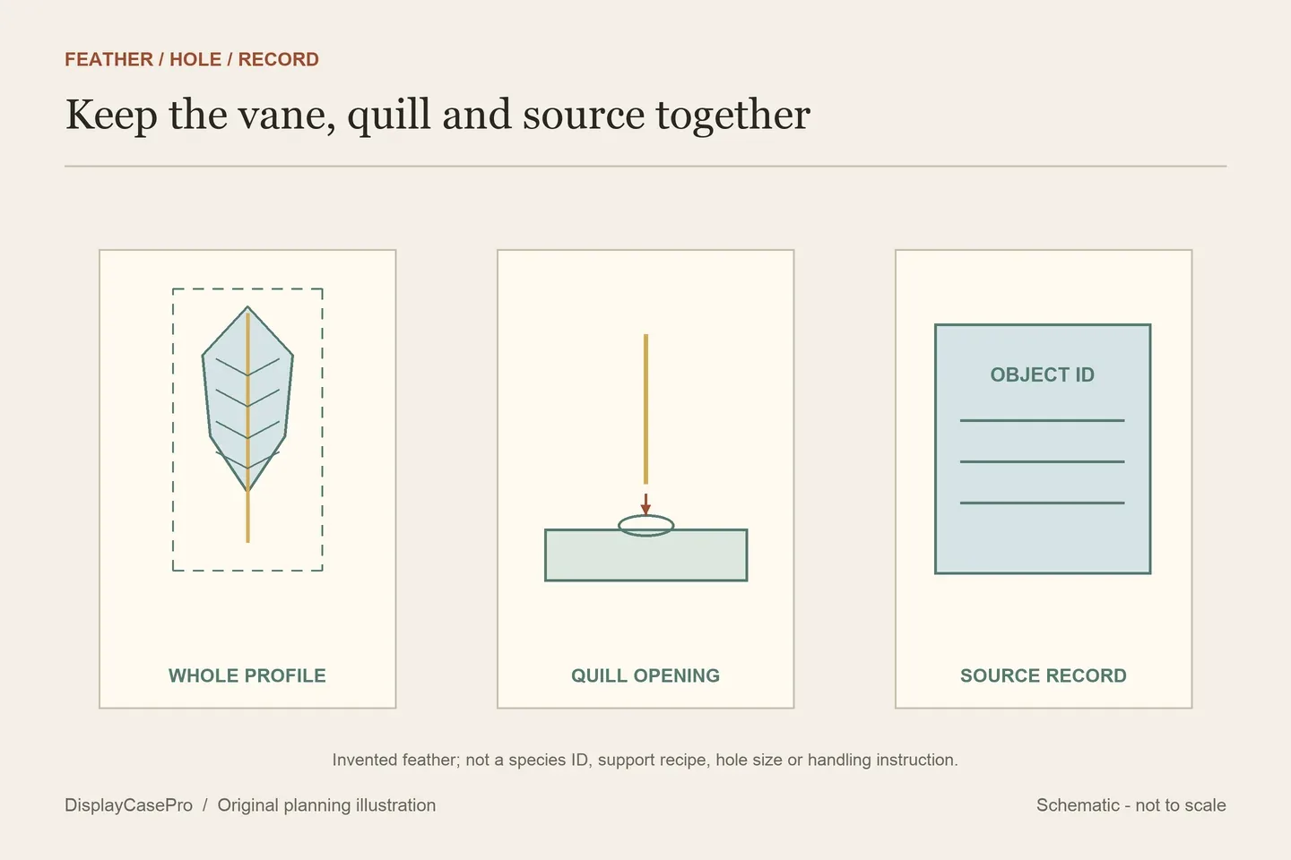 Original conceptual flat feather profile, upright quill opening and a separate label record