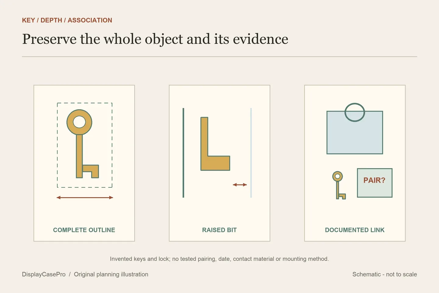 Original conceptual skeleton key showing a whole outline, projecting bit, separate tag and unverified lock relationship