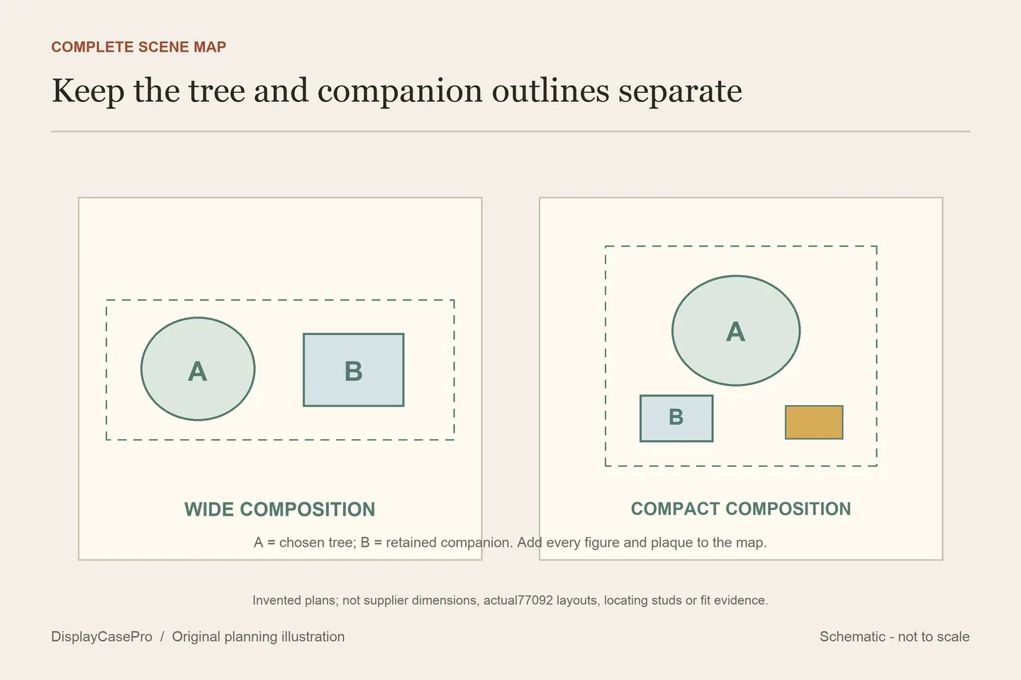 Original top-view planning diagram comparing a wide tree-and-companion arrangement with a compact group, keeping each retained component separately identified