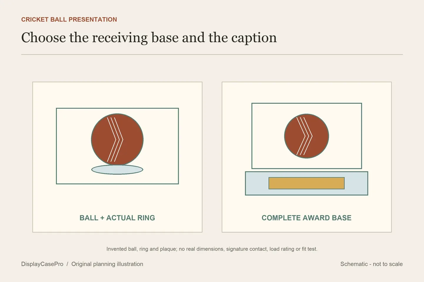 Original schematic comparing a cricket-ball cube and an engraved award base