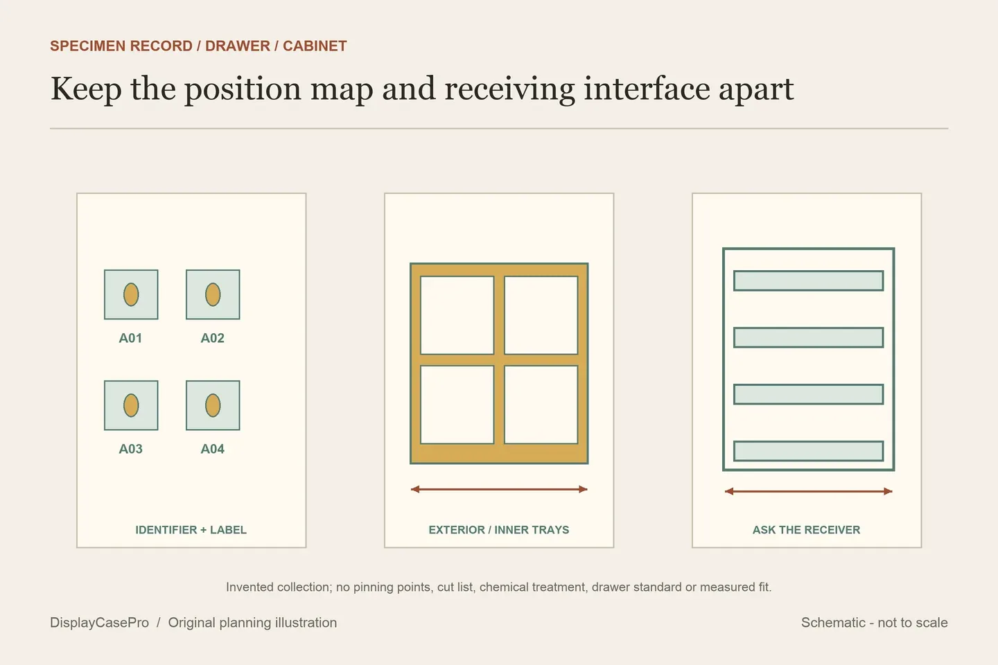 Original conceptual specimen identifiers within trays, a separate drawer exterior and a cabinet receiver